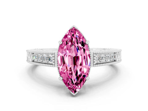 White gold Marquise Cut Pink Sapphire Ring with Milgrain Pavé Band and Four-Prong Setting_36