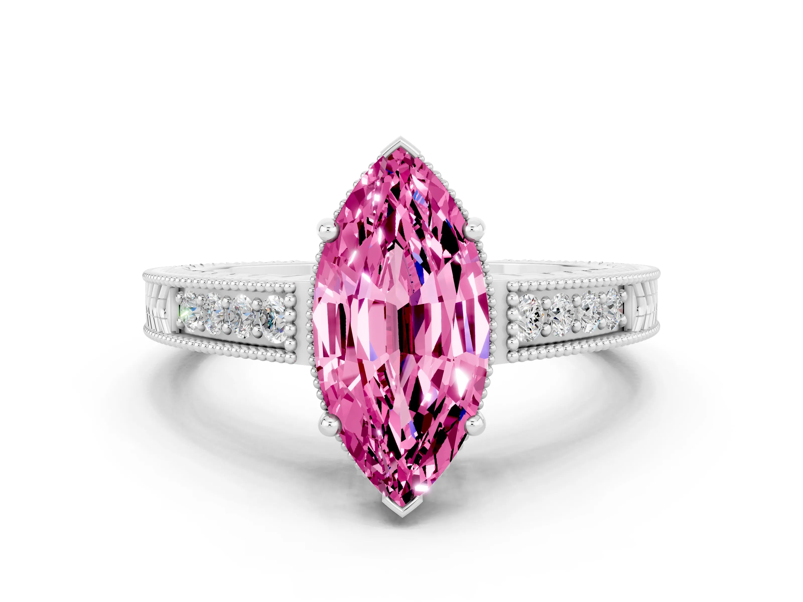 White gold Marquise Cut Pink Sapphire Ring with Milgrain Pavé Band and Four-Prong Setting_36