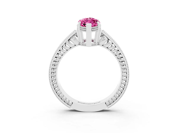 Platinum Marquise Cut Pink Sapphire Ring with Milgrain Pavé Band and Four-Prong Setting