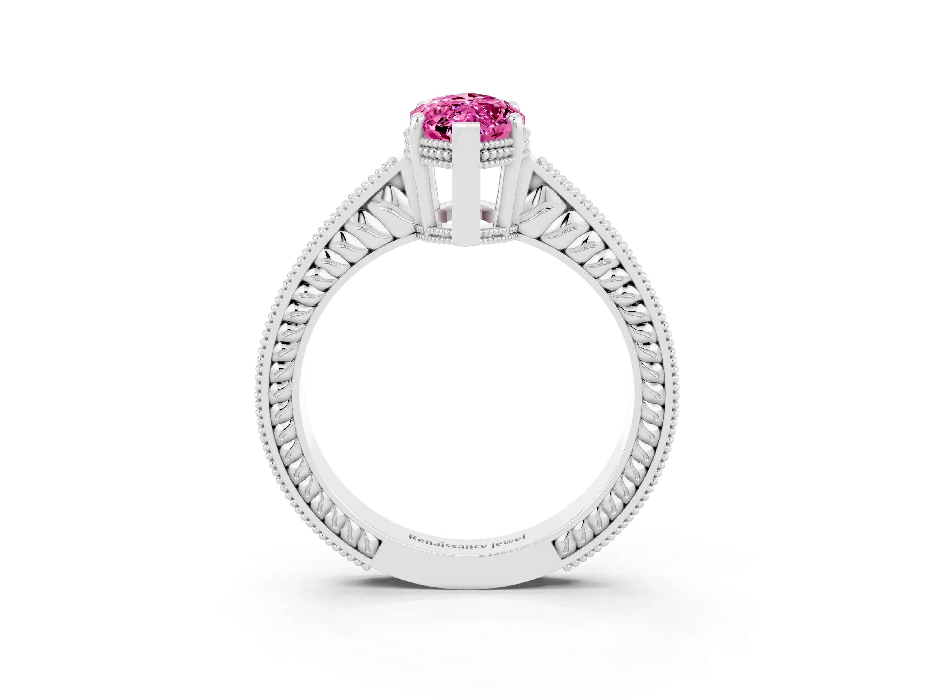 White gold Marquise Cut Pink Sapphire Ring with Milgrain Pavé Band and Four-Prong Setting_39