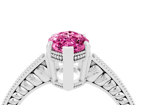 White gold Marquise Cut Pink Sapphire Ring with Milgrain Pavé Band and Four-Prong Setting_40