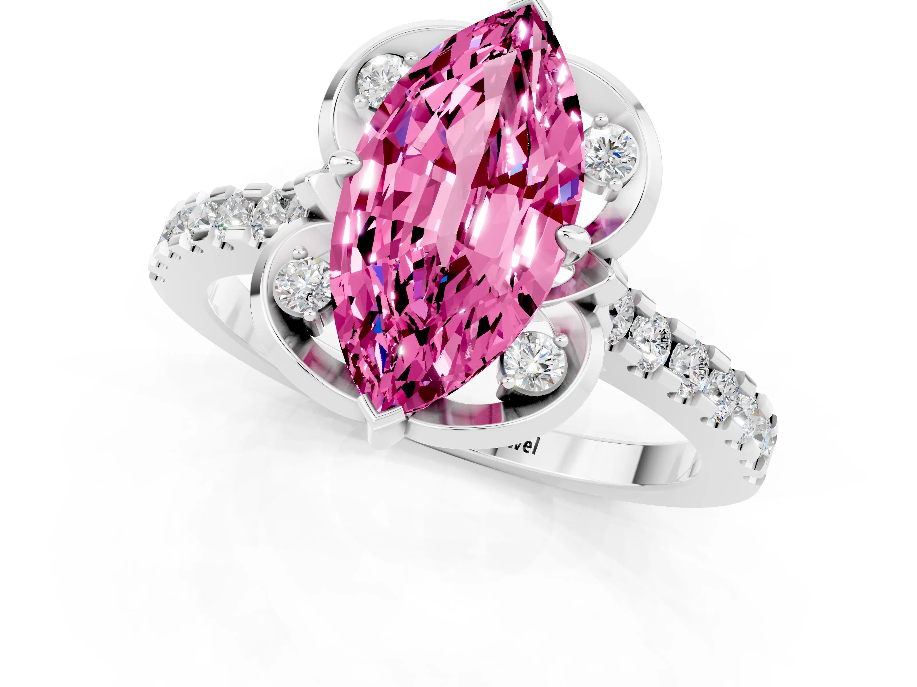 White gold Marquise Cut Pink Sapphire Ring with Pavé Band and Floral Prong Setting_1