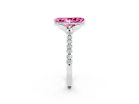 White gold Marquise Cut Pink Sapphire Ring with Pavé Band and Floral Prong Setting_2