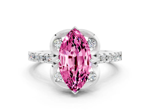 Silver Marquise Cut Pink Sapphire Ring with Pavé Band and Floral Prong Setting