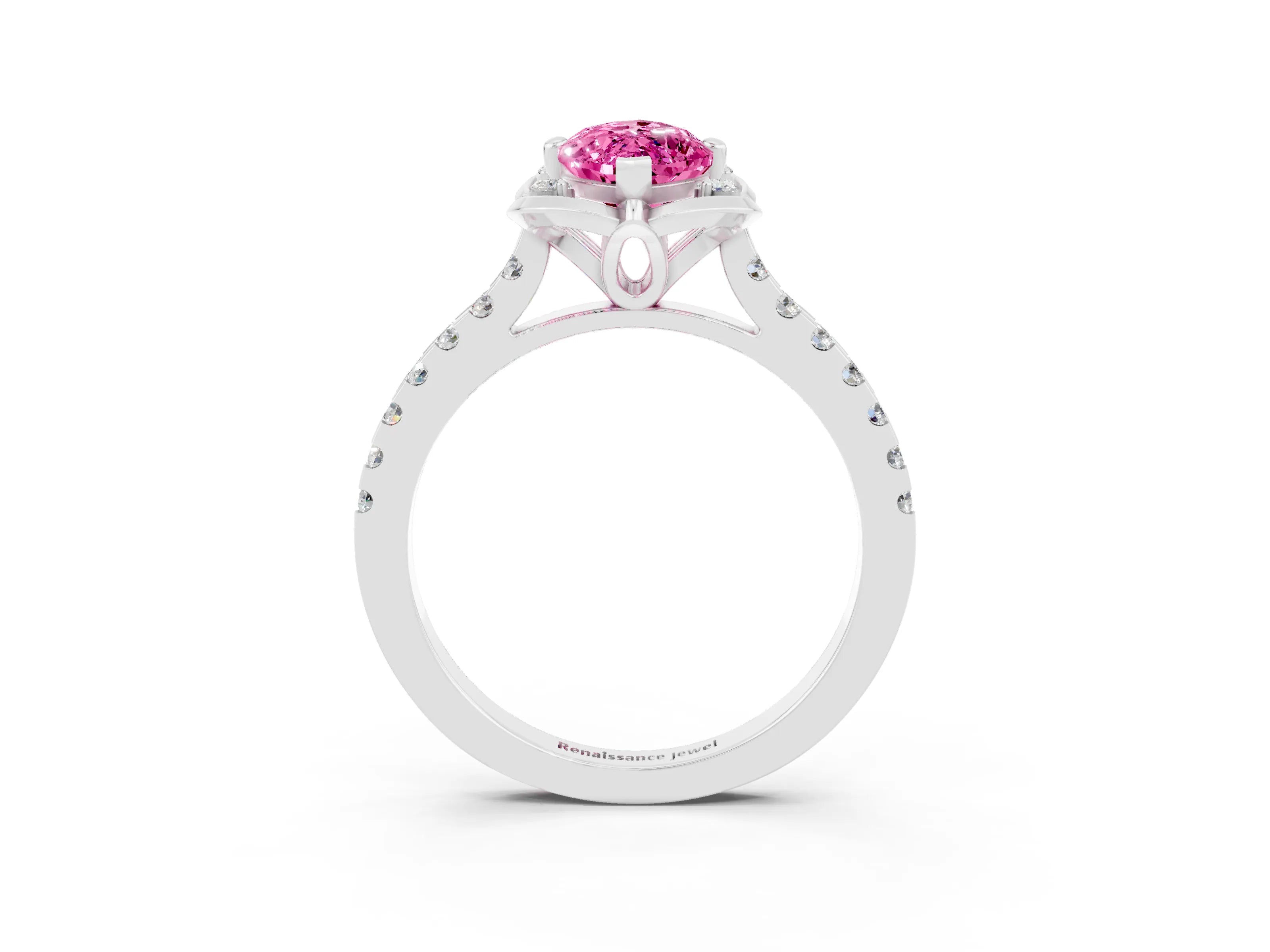 White gold Marquise Cut Pink Sapphire Ring with Pavé Band and Floral Prong Setting_3