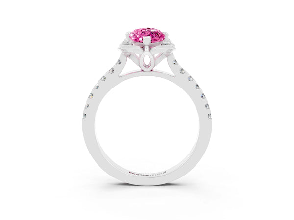 Silver Marquise Cut Pink Sapphire Ring with Pavé Band and Floral Prong Setting