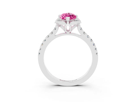 White gold Marquise Cut Pink Sapphire Ring with Pavé Band and Floral Prong Setting_3