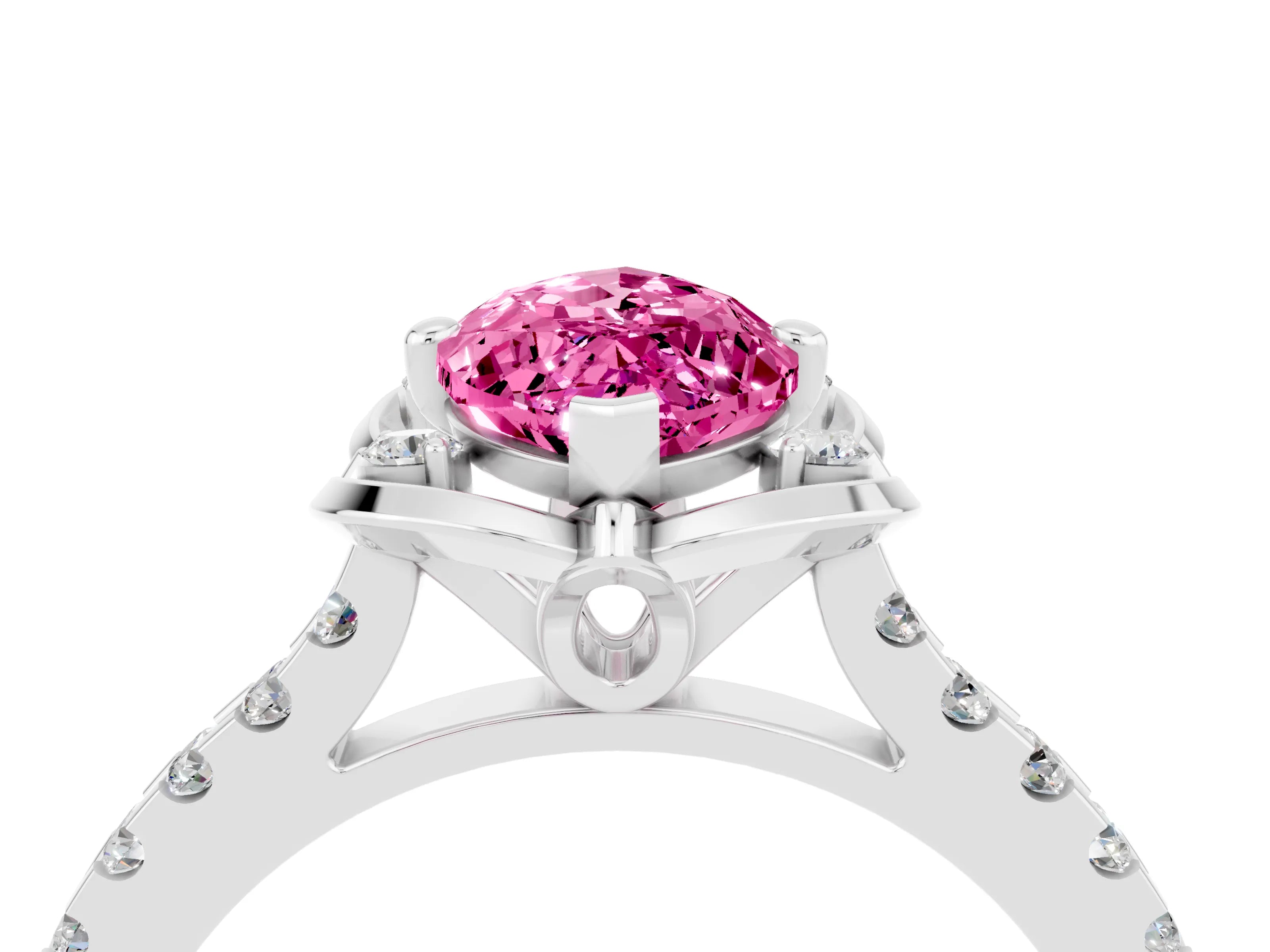 White gold Marquise Cut Pink Sapphire Ring with Pavé Band and Floral Prong Setting_4