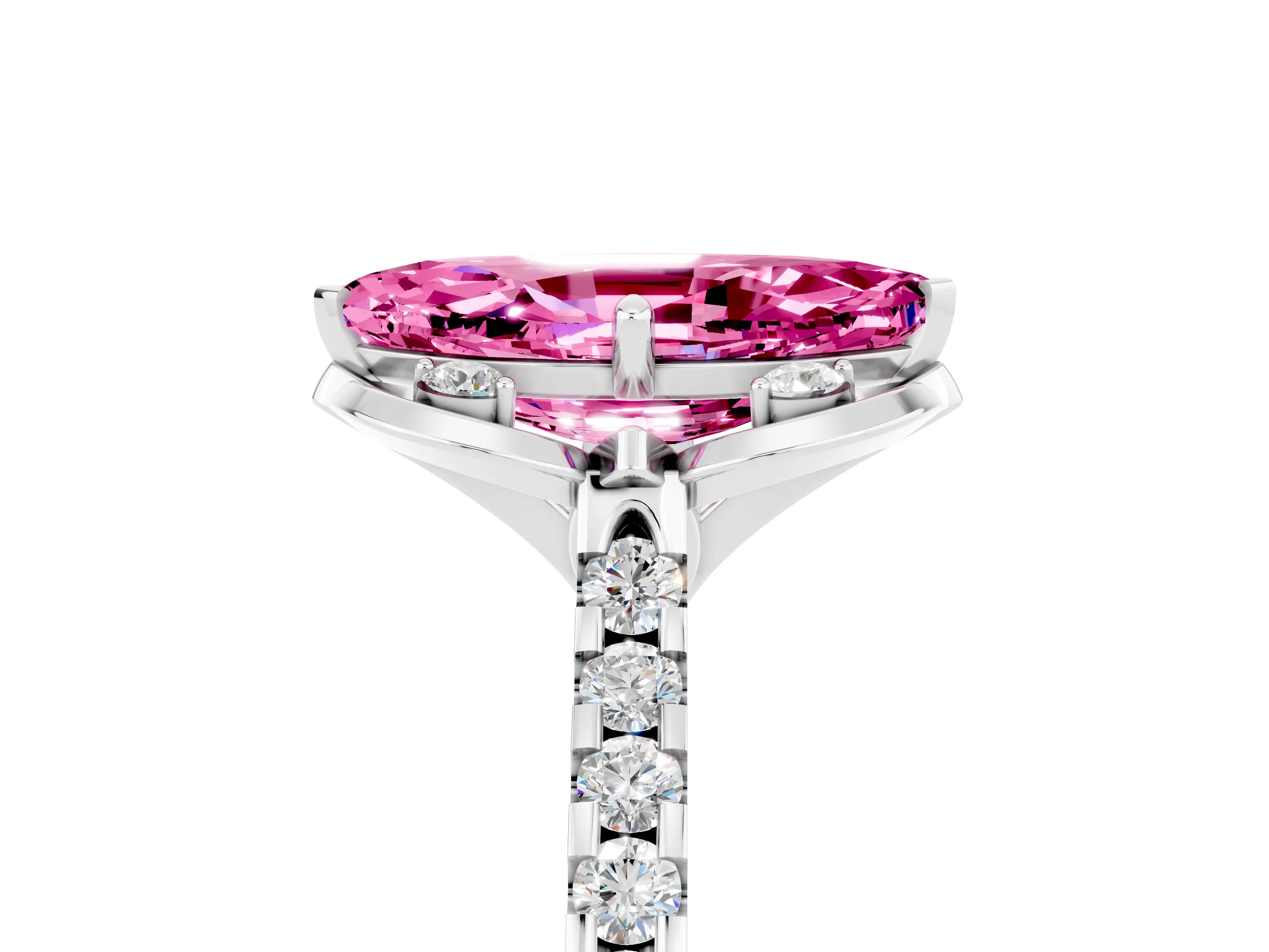 White gold Marquise Cut Pink Sapphire Ring with Pavé Band and Floral Prong Setting_5