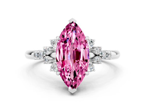 White gold Marquise Cut Pink Sapphire Ring with Side Stones and Four-Prong Setting