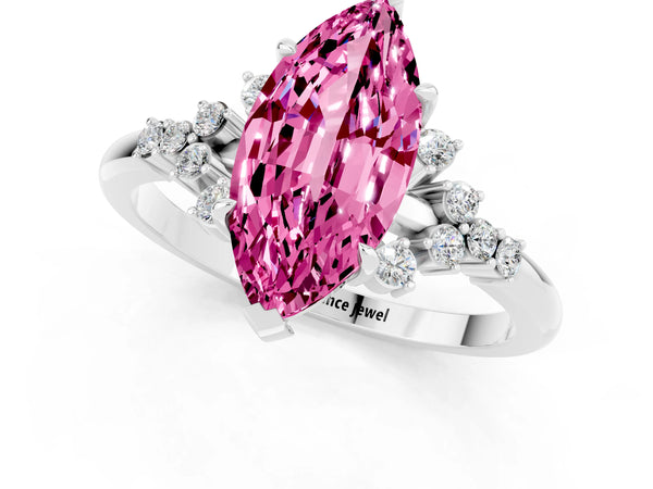 White gold Marquise Cut Pink Sapphire Ring with Side Stones and Four-Prong Setting