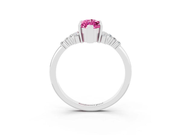 White gold Marquise Cut Pink Sapphire Ring with Side Stones and Four-Prong Setting