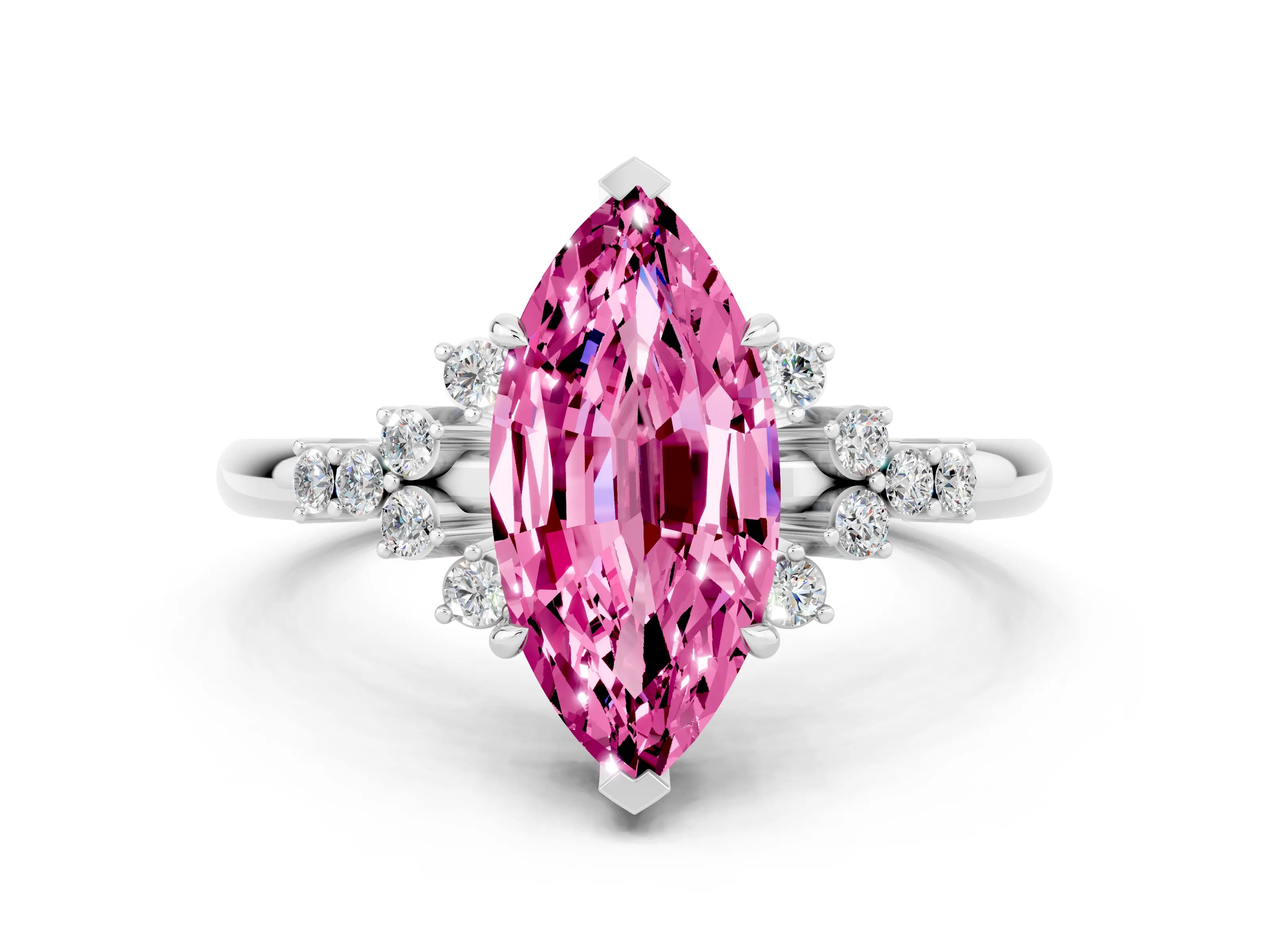 White gold Marquise Cut Pink Sapphire Ring with Side Stones and Four-Prong Setting_84