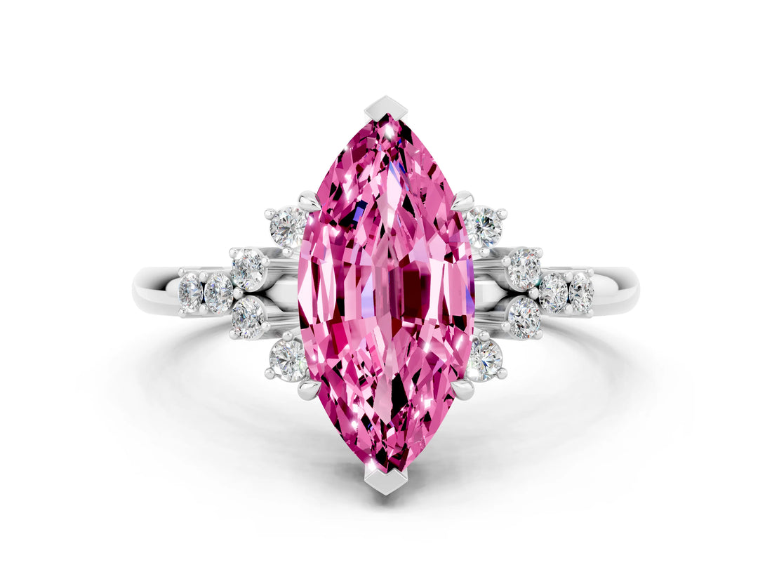 White gold Marquise Cut Pink Sapphire Ring with Side Stones and Four-Prong Setting_84