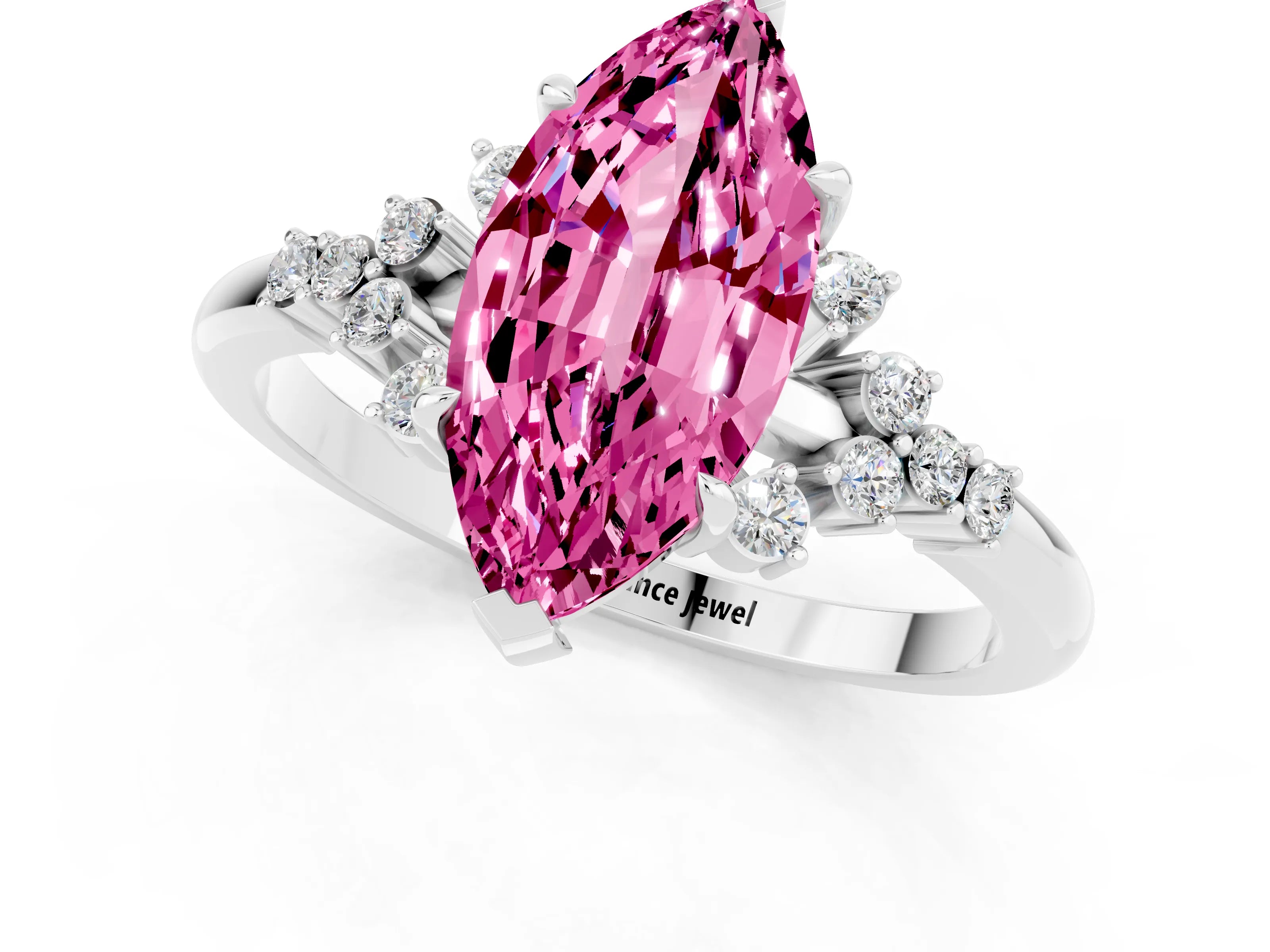 White gold Marquise Cut Pink Sapphire Ring with Side Stones and Four-Prong Setting_85