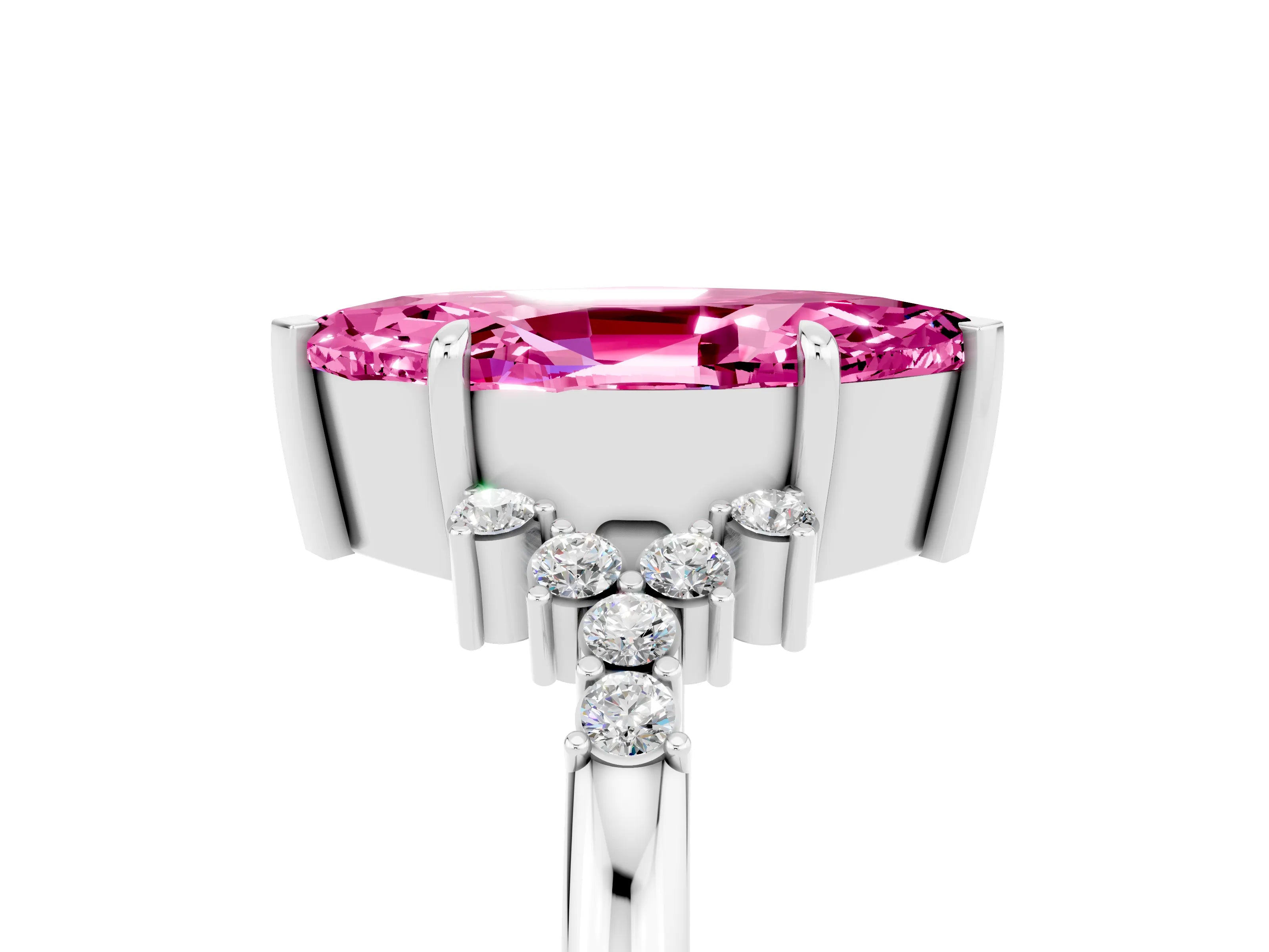 White gold Marquise Cut Pink Sapphire Ring with Side Stones and Four-Prong Setting_89