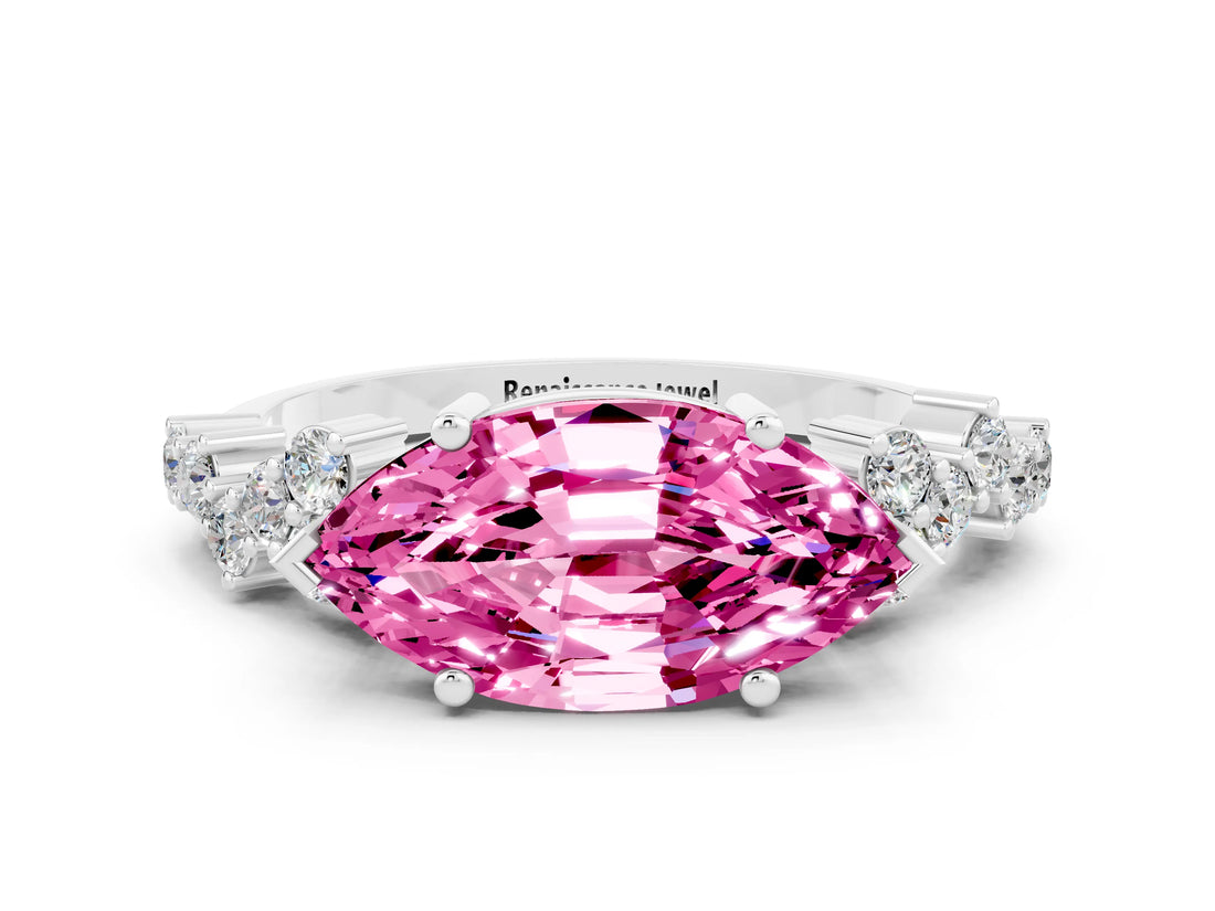 White gold Marquise Cut Pink Sapphire Scattered Round Accent Ring with Prong Setting_24