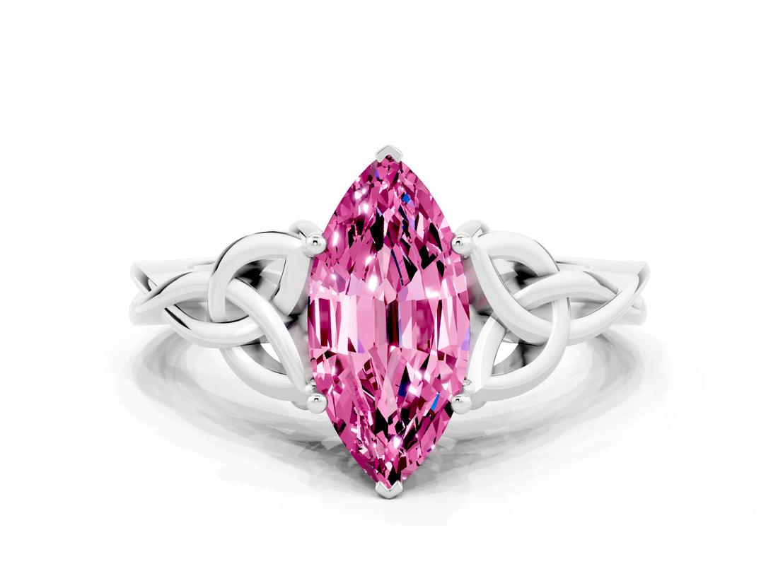 White gold Marquise Cut Pink Sapphire Solitaire Celtic Knot Ring with Four-Prong Setting_24
