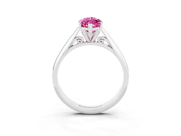 Silver Marquise Cut Pink Sapphire Solitaire Engagement Ring with Cathedral Setting and Four-Prong Mount