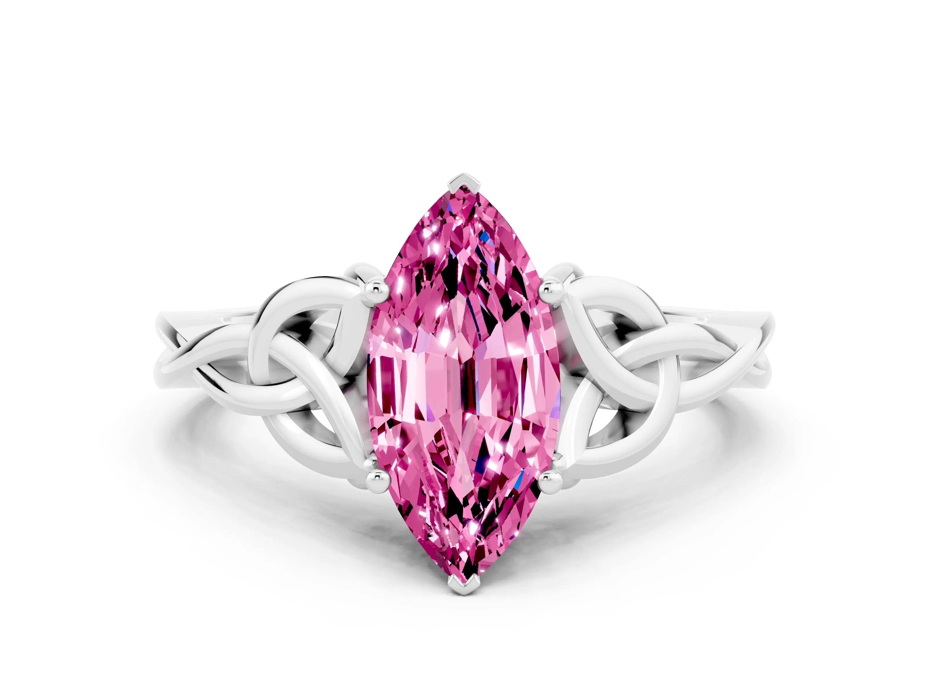 White gold Marquise Cut Pink Sapphire Solitaire Engagement Ring with Celtic Knot Band and Four-Prong Setting_24