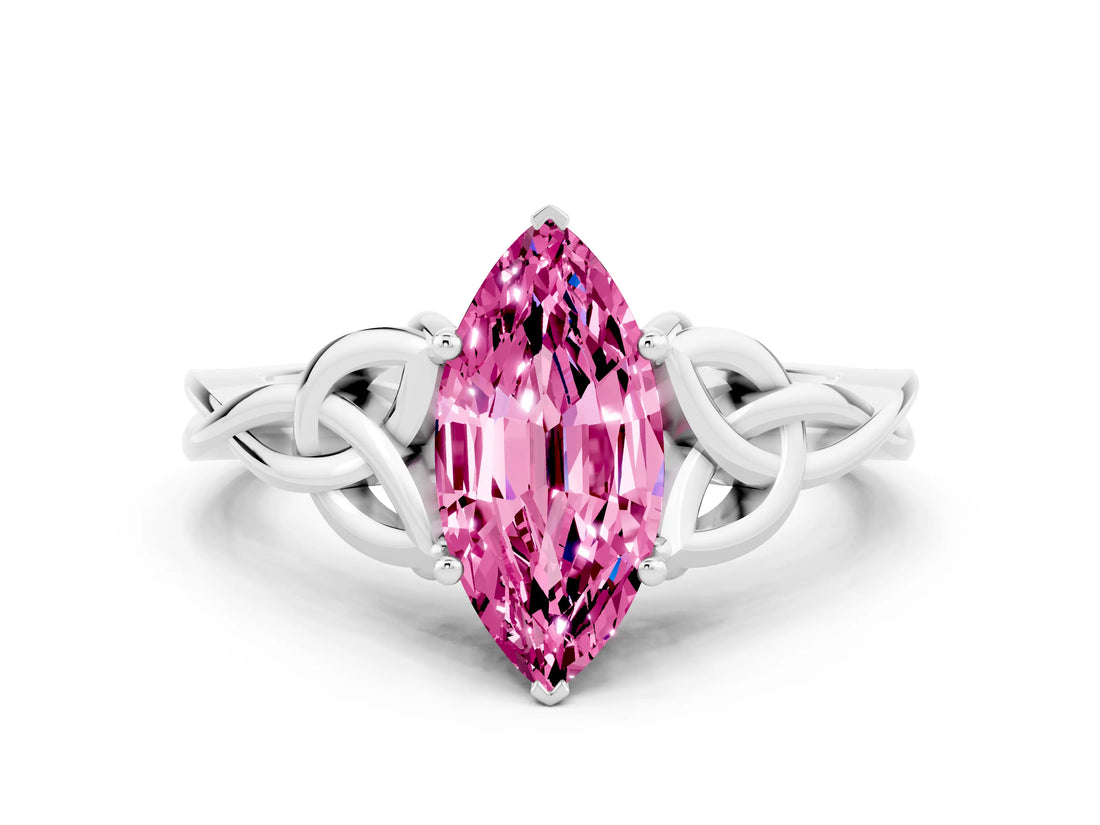 White gold Marquise Cut Pink Sapphire Solitaire Engagement Ring with Celtic Knot Band and Four-Prong Setting_24