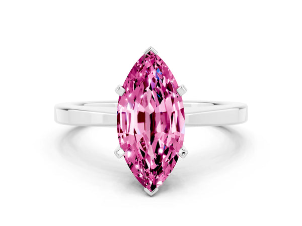 Silver Marquise Cut Pink Sapphire Solitaire Engagement Ring with Classic Band and Four-Prong Setting