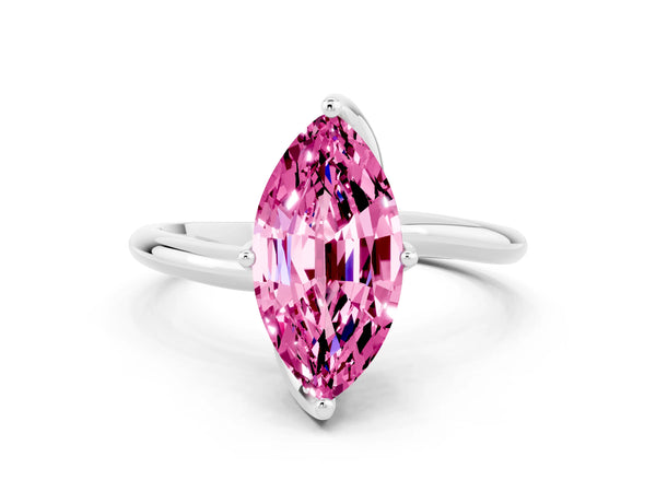 White gold Marquise Cut Pink Sapphire Solitaire Engagement Ring with Four-Prong Setting and Classic Band