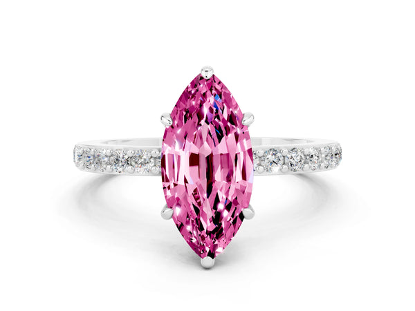Platinum Marquise Cut Pink Sapphire Solitaire Engagement Ring with Pavé Band and Four-Prong Setting