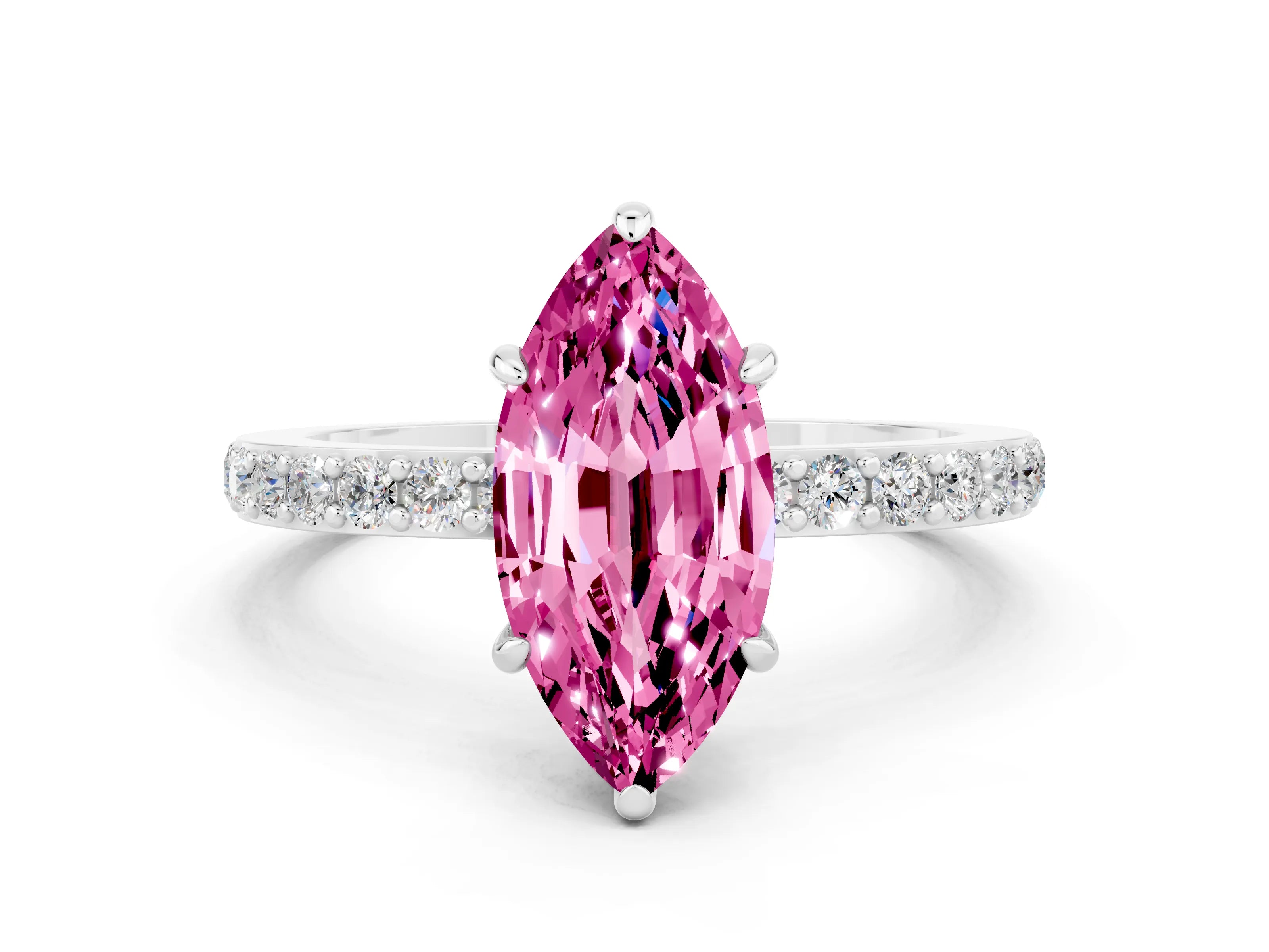 White gold Marquise Cut Pink Sapphire Solitaire Engagement Ring with Pavé Band and Four-Prong Setting_24