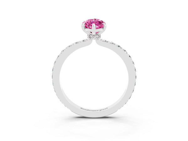 Platinum Marquise Cut Pink Sapphire Solitaire Engagement Ring with Pavé Band and Four-Prong Setting