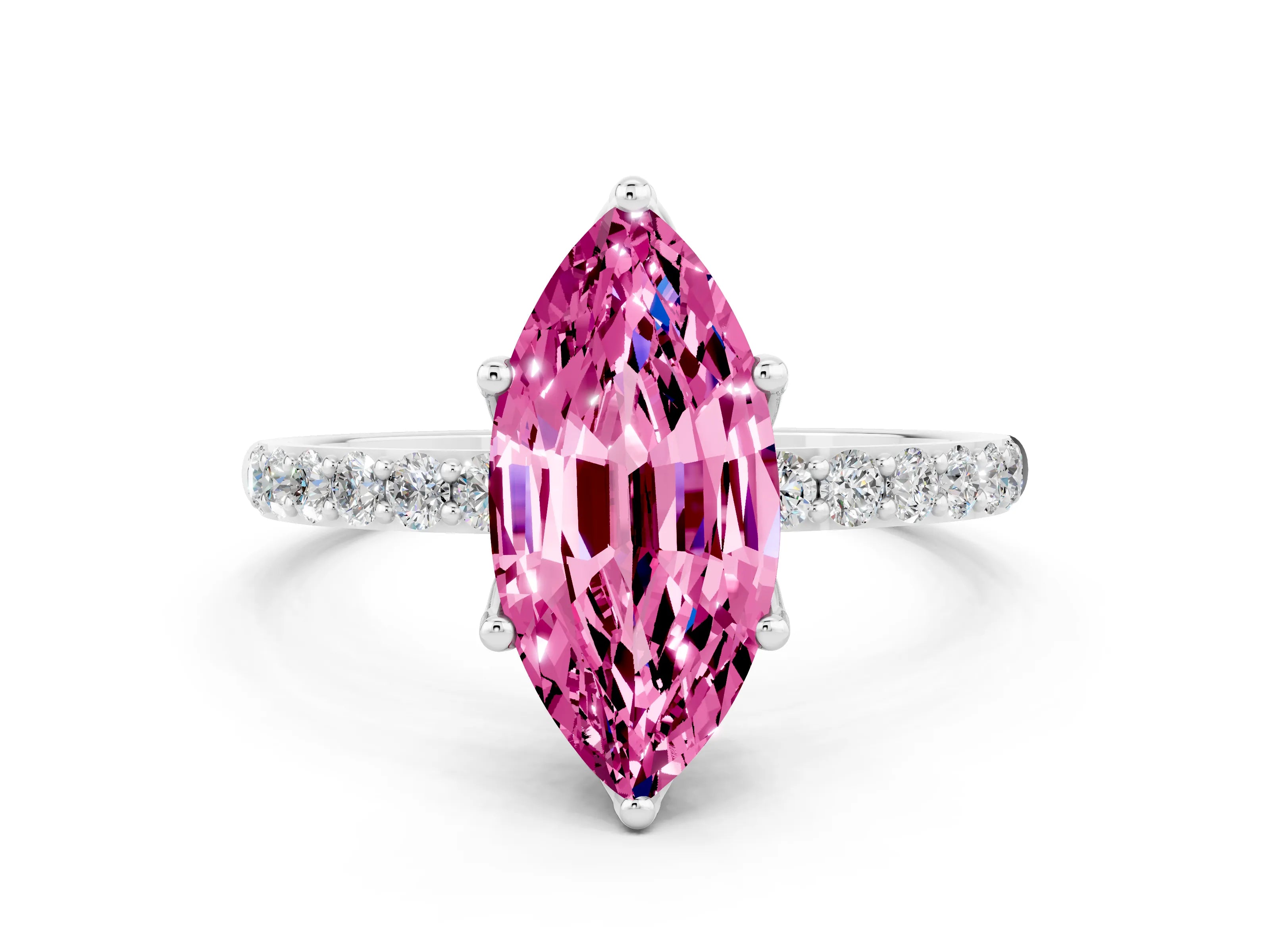 White gold Marquise Cut Pink Sapphire Solitaire Engagement Ring with Pavé Band and Prong Setting