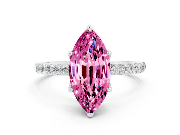 Silver Marquise Cut Pink Sapphire Solitaire Engagement Ring with Round  Pavé Band and Prong Setting