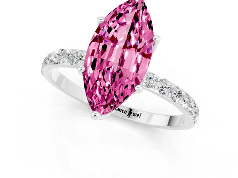 White gold Marquise Cut Pink Sapphire Solitaire Engagement Ring with Pavé Band and Prong Setting_1