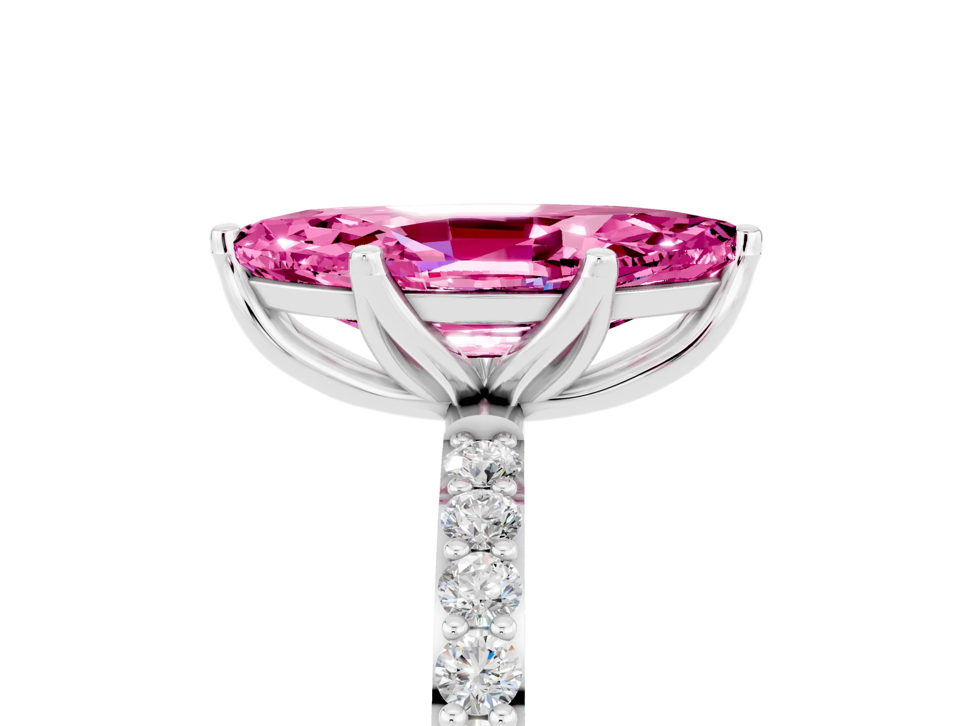 White gold Marquise Cut Pink Sapphire Solitaire Engagement Ring with Pavé Band and Prong Setting_5