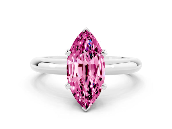 Platinum Marquise Cut Pink Sapphire Solitaire Engagement Ring with Round Band and Four-Prong Setting