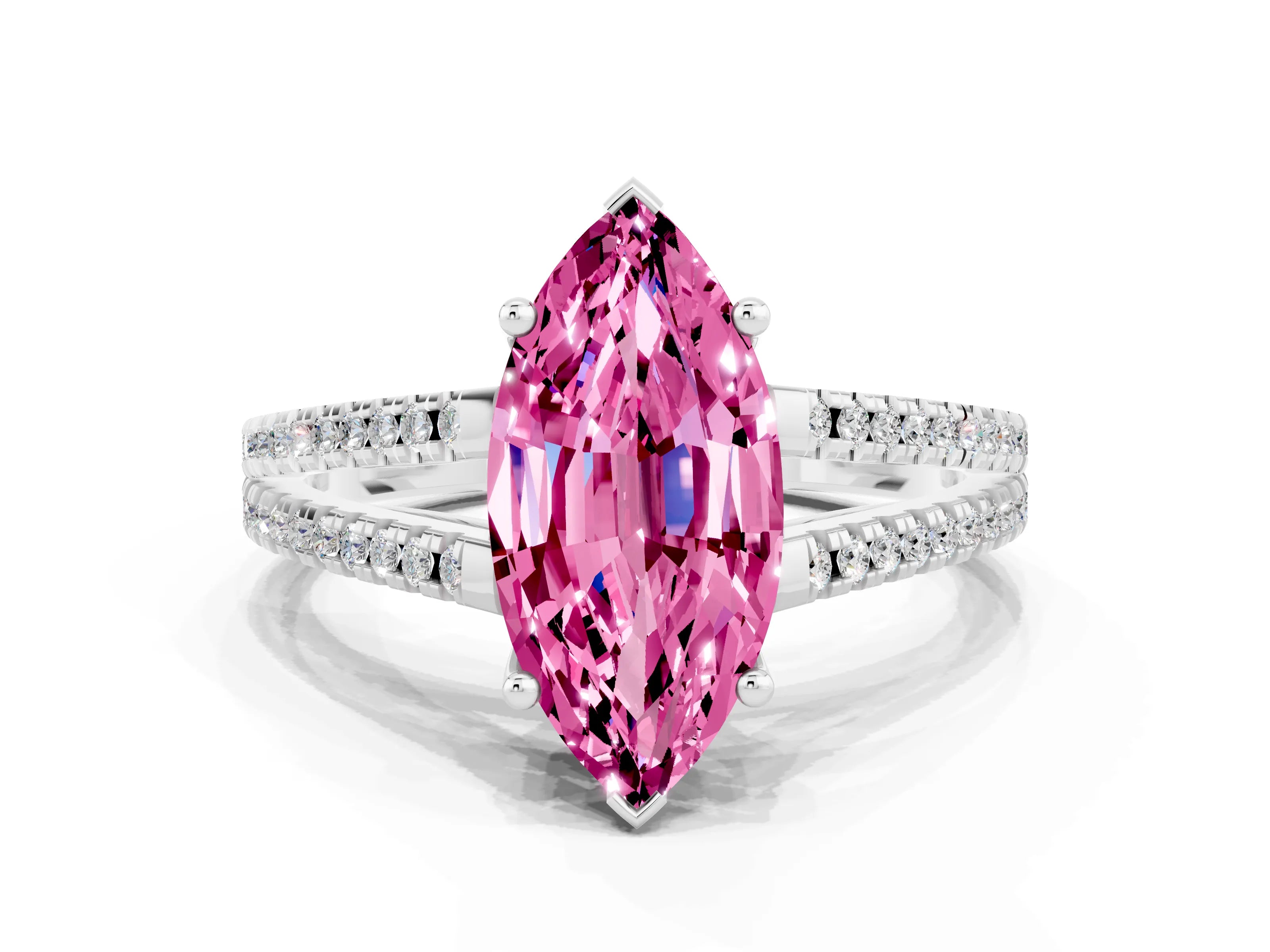 White gold Marquise Cut Pink Sapphire Solitaire Engagement Ring with Split Shank Pavé Band_12