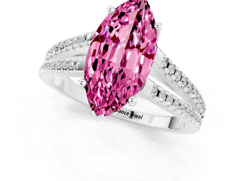 White gold Marquise Cut Pink Sapphire Solitaire Engagement Ring with Split Shank Pavé Band_13