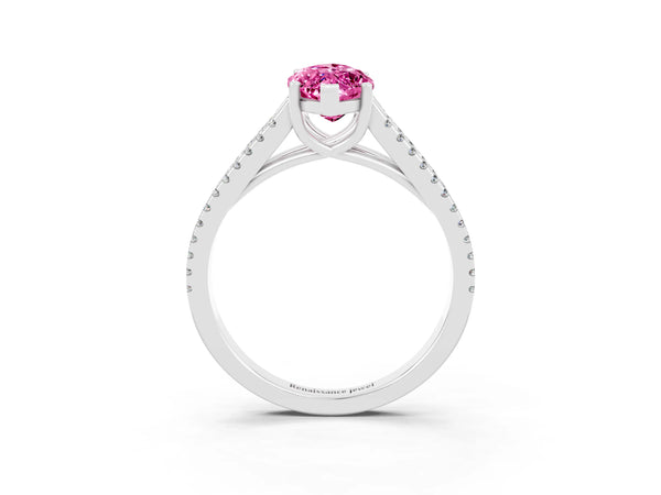 Silver Marquise Cut Pink Sapphire Solitaire Engagement Ring with Split Shank Pavé Band