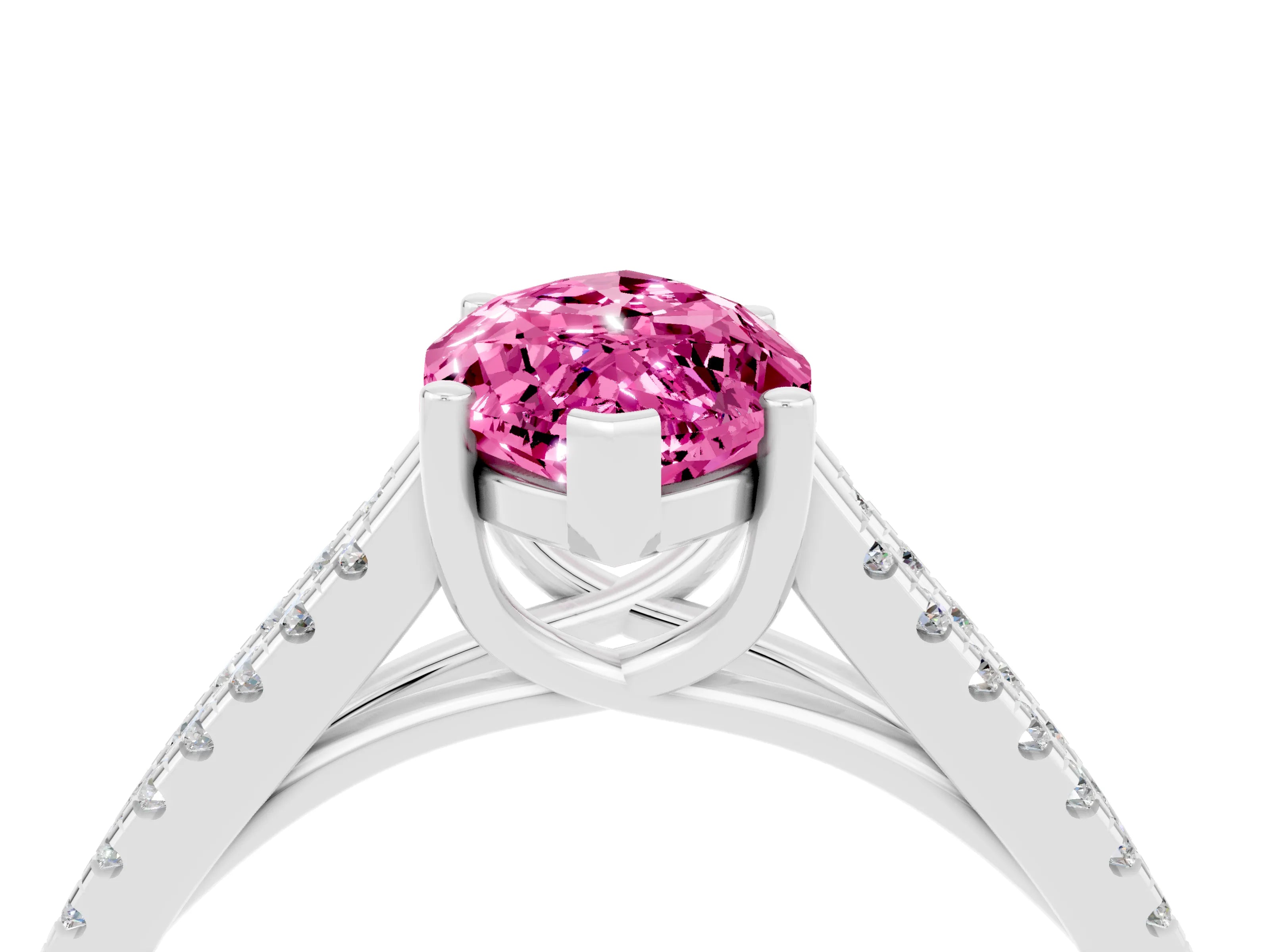 White gold Marquise Cut Pink Sapphire Solitaire Engagement Ring with Split Shank Pavé Band_16