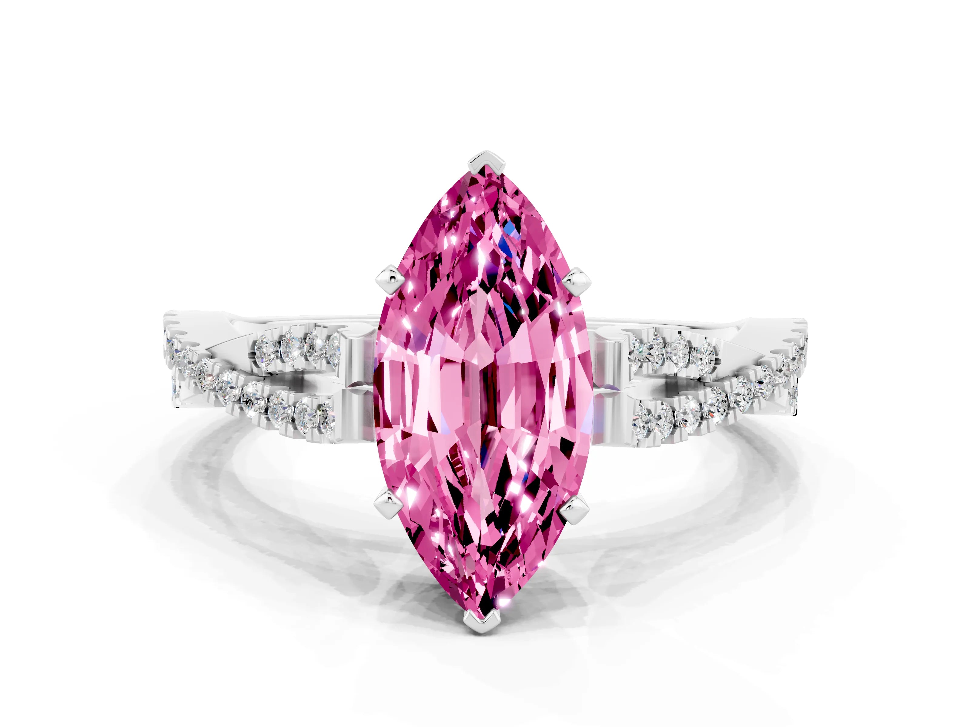 White gold Marquise Cut Pink Sapphire Solitaire Engagement Ring with Twisted Pavé Band and Four-Prong Setting_12