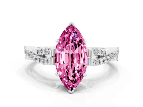 White gold Marquise Cut Pink Sapphire Solitaire Engagement Ring with Twisted Pavé Band and Four-Prong Setting_12