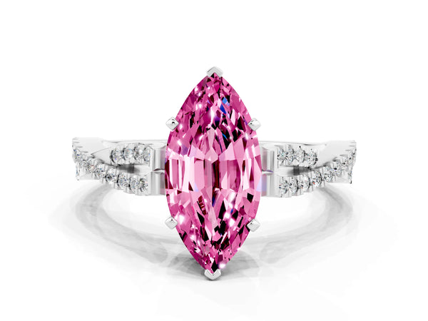 Silver Marquise Cut Pink Sapphire Solitaire Engagement Ring with Twisted Pavé Band and Four-Prong Setting