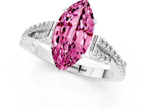 White gold Marquise Cut Pink Sapphire Solitaire Engagement Ring with Twisted Pavé Band and Four-Prong Setting_13