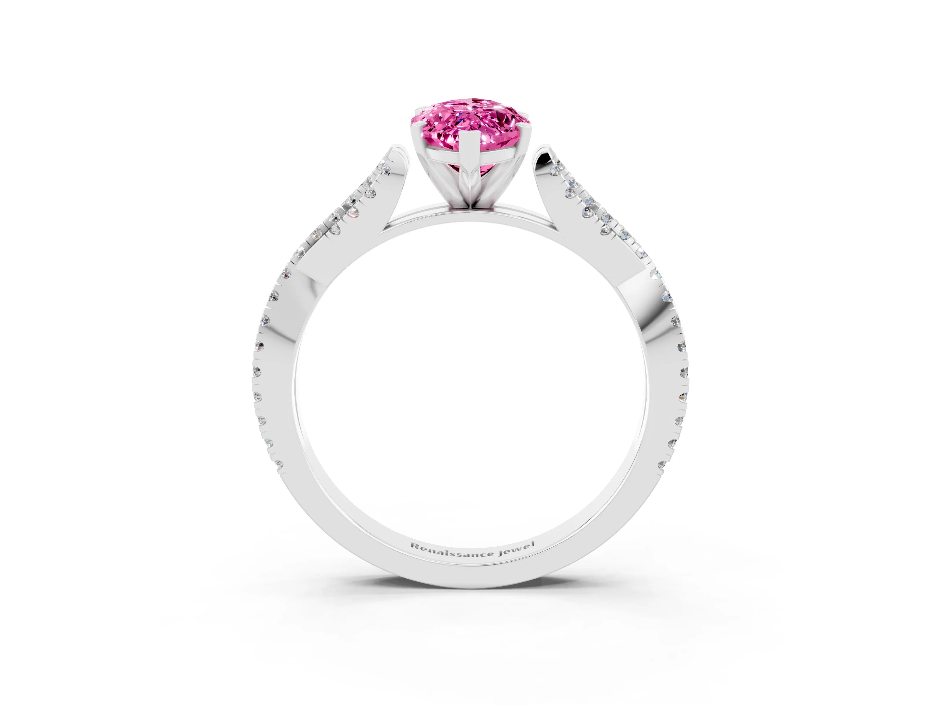 White gold Marquise Cut Pink Sapphire Solitaire Engagement Ring with Twisted Pavé Band and Four-Prong Setting_15
