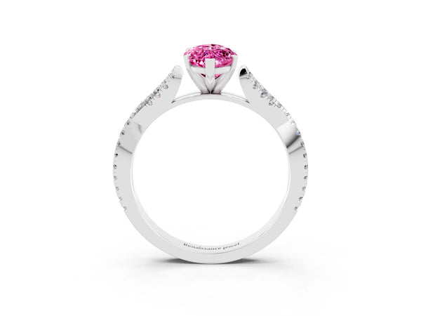 Platinum Marquise Cut Pink Sapphire Solitaire Engagement Ring with Twisted Pavé Band and Four-Prong Setting