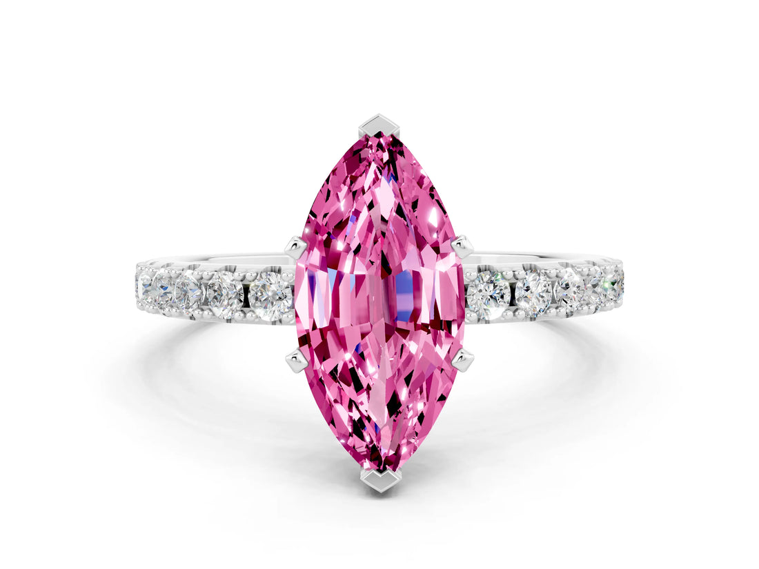 White gold Marquise Cut Pink Sapphire Solitaire Pavé Band with Four-Prong Setting_24