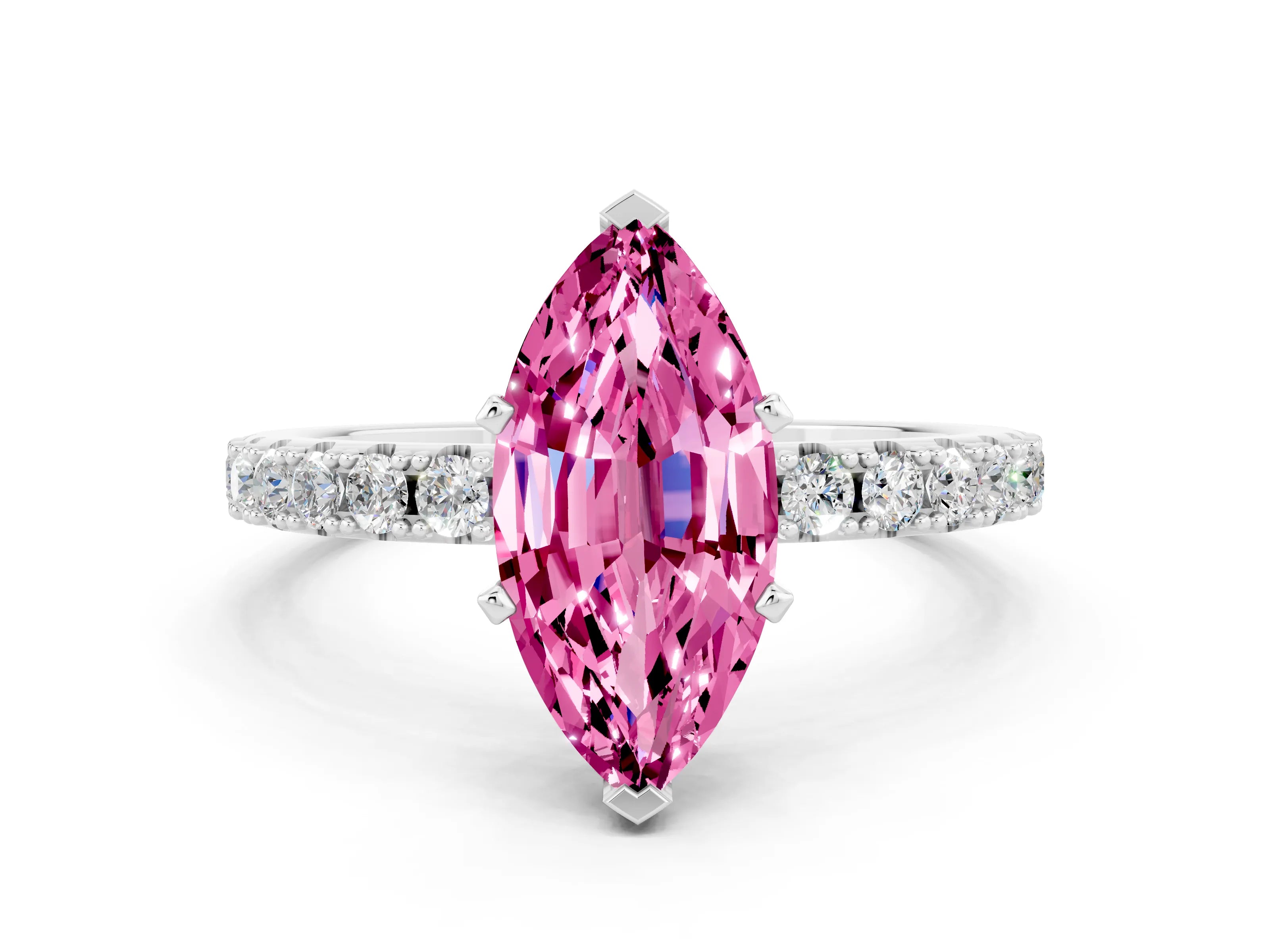 White gold Marquise Cut Pink Sapphire Solitaire Pavé Band with Four-Prong Setting_24