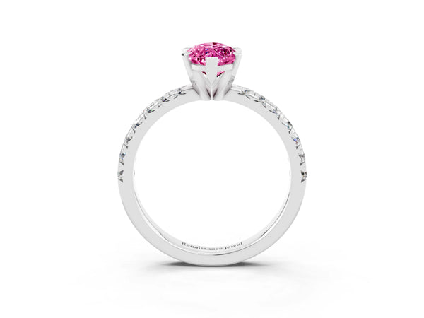 Silver Marquise Cut Pink Sapphire Solitaire Pavé Engagement Ring with Round Band and Prong Setting