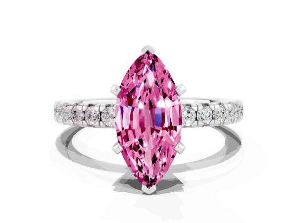 White gold Marquise Cut Pink Sapphire Solitaire Pavé Engagement Ring with Round Band and Prong Setting