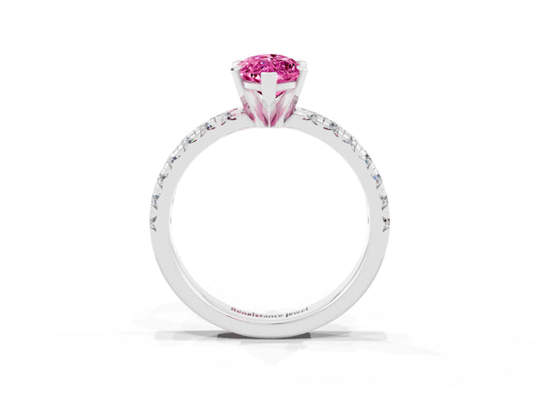 White gold Marquise Cut Pink Sapphire Solitaire Pavé Engagement Ring with Round Band and Prong Setting